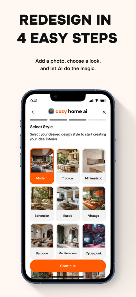Home AI Interior Design - iPhone screen showing the Home AI Interior Design app with various decor styles like Modern Tropical and Minimalistic