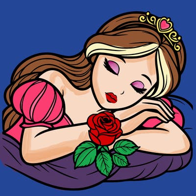 a fairytale princess sleeping with her hands crossed on her chest and a rose on her chest realistic