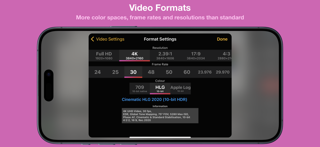 Cinema P3 Pro Camera - Interface of Cinema P3 Pro Camera showing 4K resolution and 10-bit HDR video format settings on an iPhone.