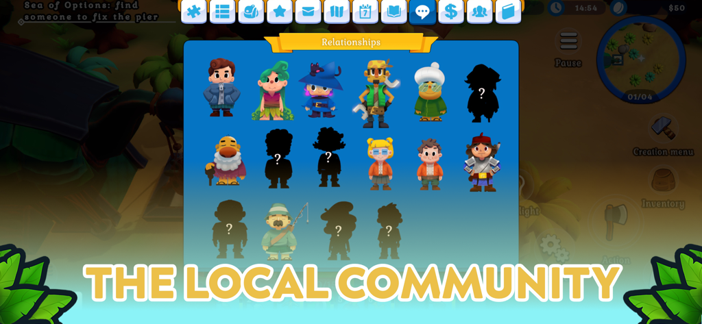 Spirit of the Island - El menú de relaciones en Spirit of the Island que muestra varios personajes PNJ y siluetas desbloqueadas bajo el encabezado de la comunidad local