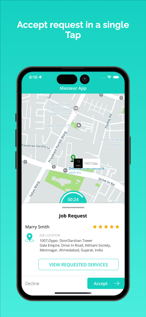 XMassage Masseur - Interface do aplicativo XMassage Masseur exibindo uma solicitação de trabalho de cliente com mapa e botão de aceitação