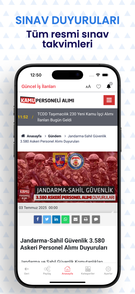 Kamu Personeli Alımı - 시험 공고 및 정부 일자리 채용 뉴스를 보여주는 Kamu Personeli Alimi 앱의 스크린샷