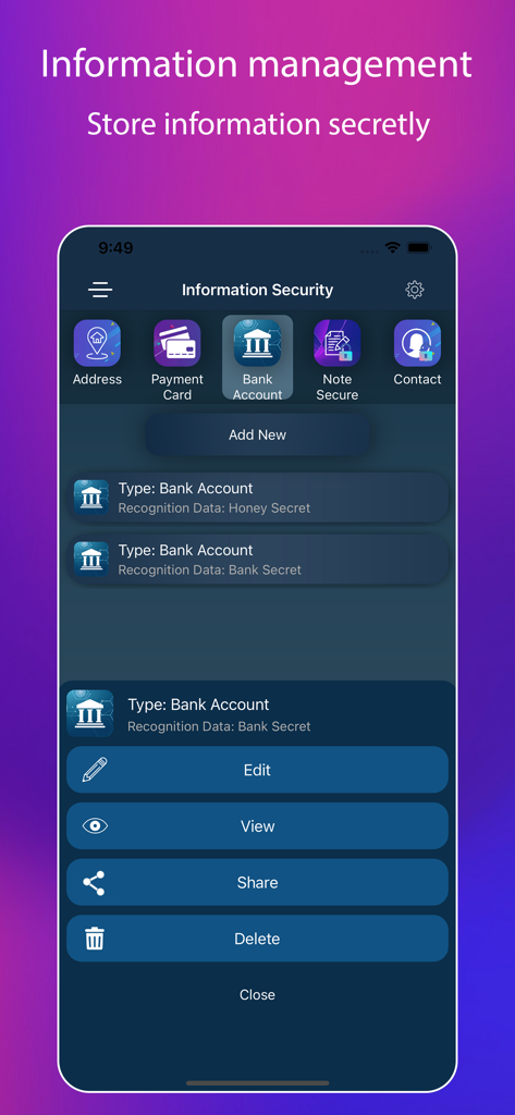 App Lock, Hide App & Lock Apps - Interfaz de la aplicación que muestra opciones de almacenamiento secreto para cuentas bancarias y tarjetas de pago.