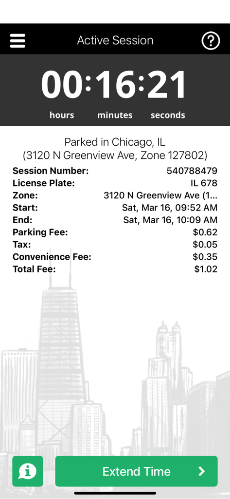 ParkChicago active parking session screen with countdown timer and extend time option.