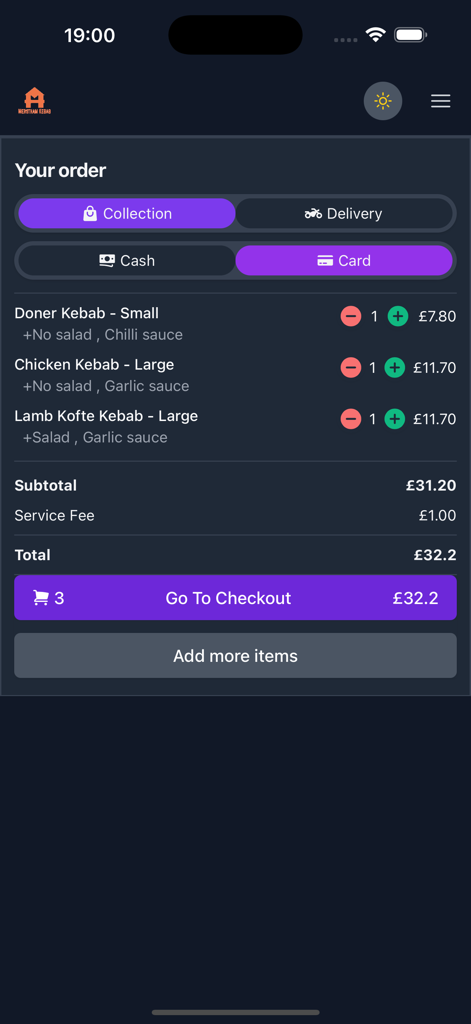 Merstham Kebab House - Order summary screen in the Merstham Kebab House app displaying selected kebabs and checkout options