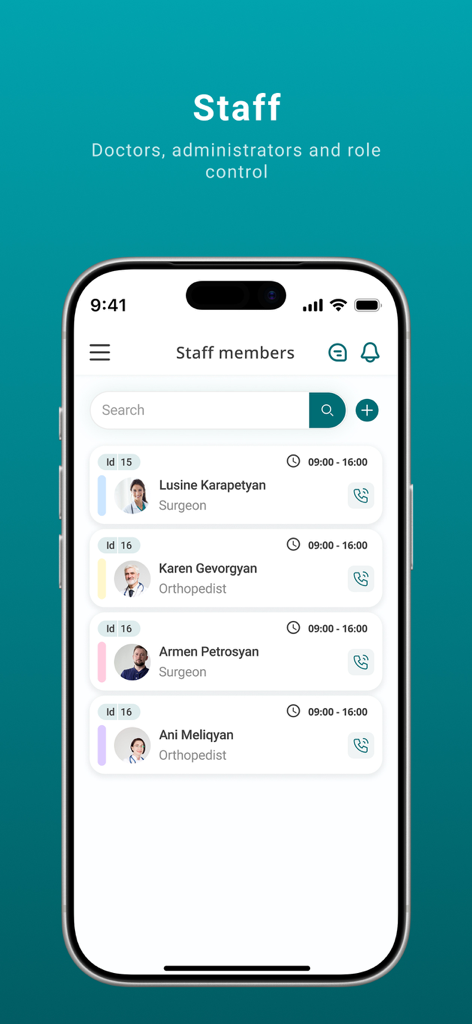 Dentax Soft - Interface of the Dentax Soft app showing a list of clinic staff members with their specialties and working hours.