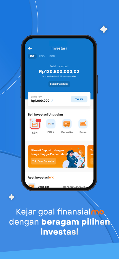 A screenshot of the BRImo app investment screen showing total investment balance and options for gold, deposits, and pension funds.