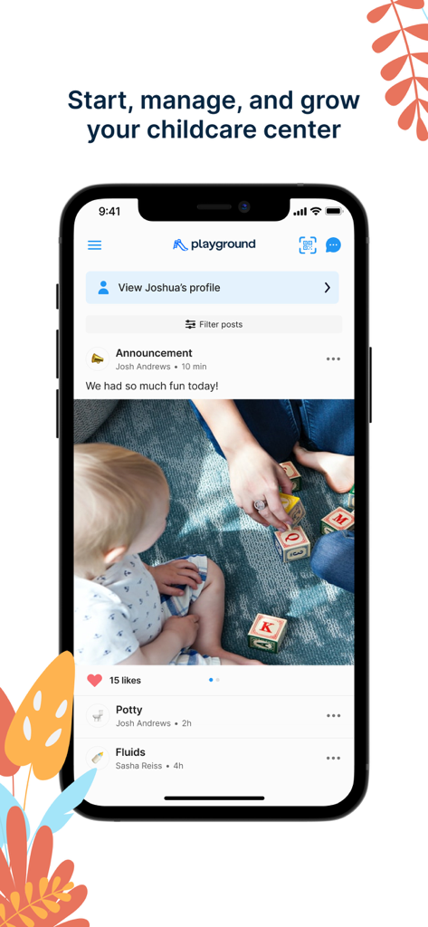 Playground app interface showing a child's daily activity feed with photos and log updates