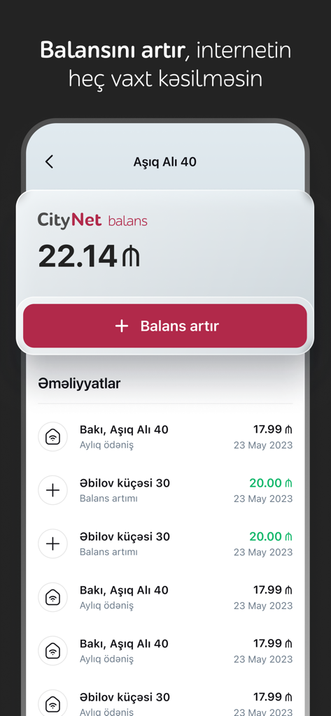 CityNet - Pantalla de la aplicación móvil CityNet mostrando el saldo de la cuenta y el historial de transacciones.