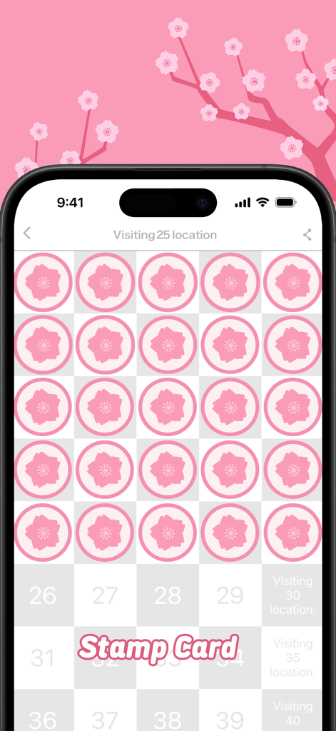 Sakura Navi - Forecast in 2026 - Tessera timbri digitale con icone rosa di fiori di ciliegio nell'app Sakura Navi