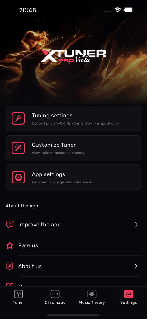 Settings menu of the XTuner PRO Viola app with tuning and configuration options