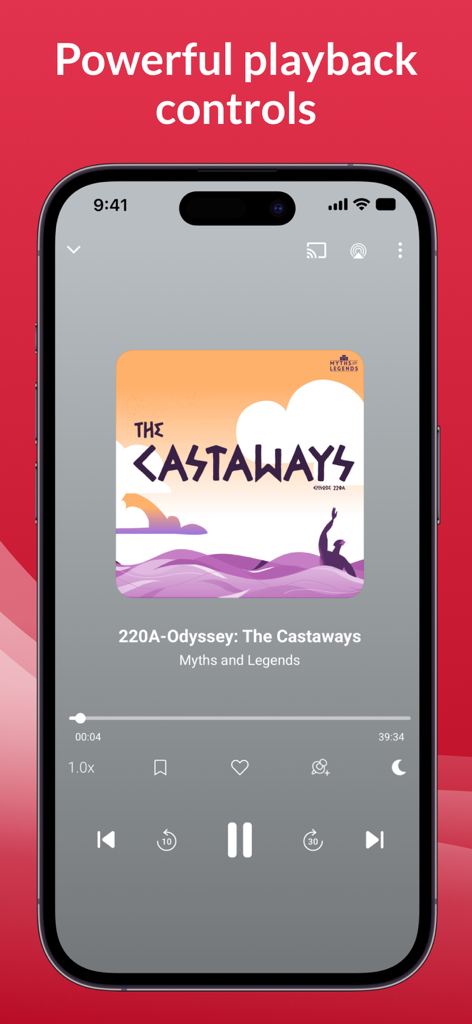 Player FM podcast app playback interface on an iPhone featuring powerful audio controls and sleep timer