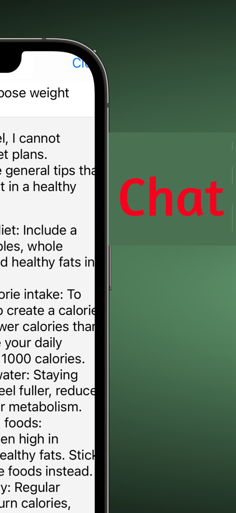 Smartphone screen showing ChatAI GPT Assistant providing weight loss advice and healthy living tips