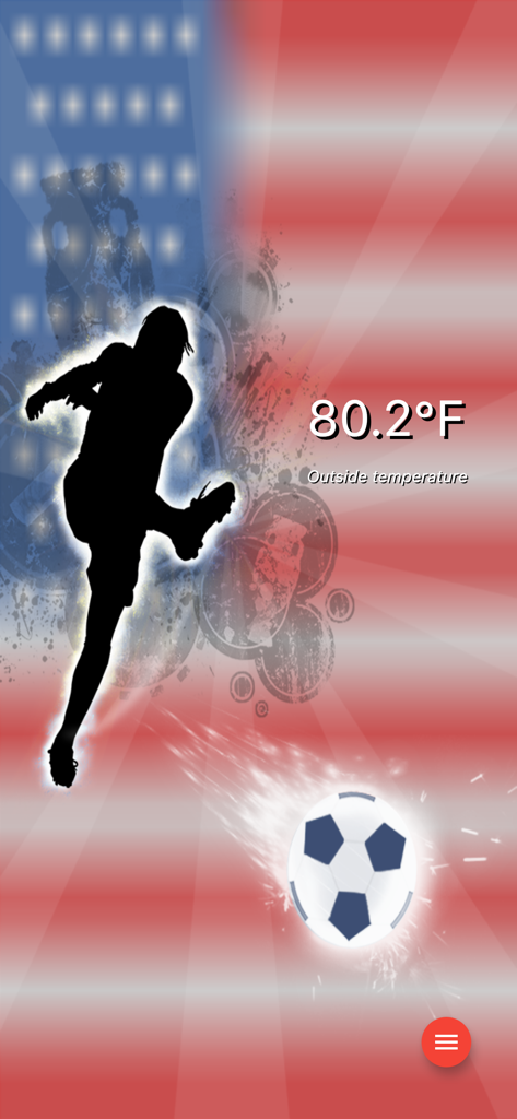 @Thermometer - Thermometer app interface displaying outdoor temperature with a soccer player silhouette and US flag background