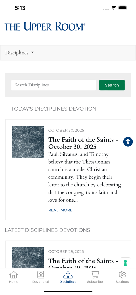Upper Room Daily Devotional - Screenshot of The Upper Room app showing the Disciplines devotion for October 30 2025.