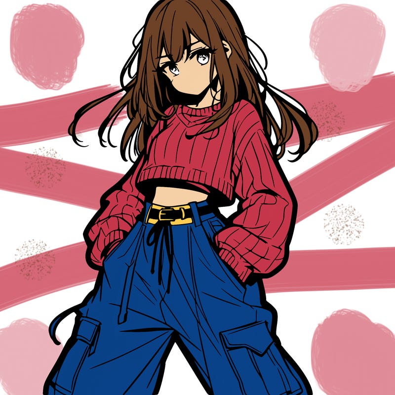 anime teen girl with baggy pants and crop top with sweater