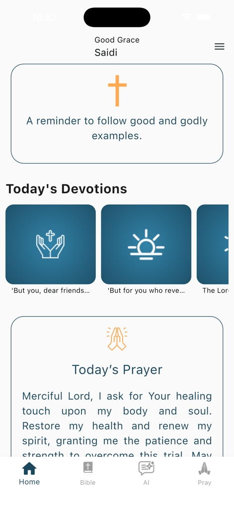 Home screen of the Biblity app showing daily devotions and a daily prayer section.