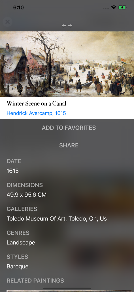 WikiArt - Una vista dettagliata di un dipinto nell'app WikiArt che mostra metadati come data, dimensioni e stile artistico per Scena Invernale su un Canale di Hendrick Avercamp.