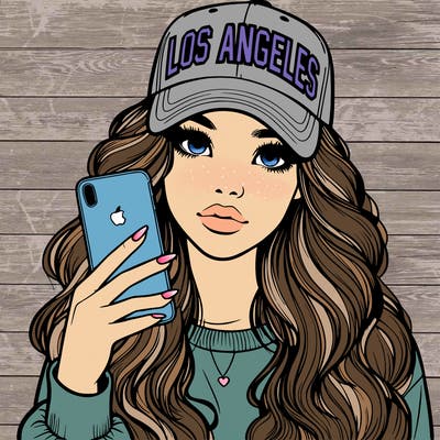 realistic beautiful girl wearing los ángeles cap holding an iphone