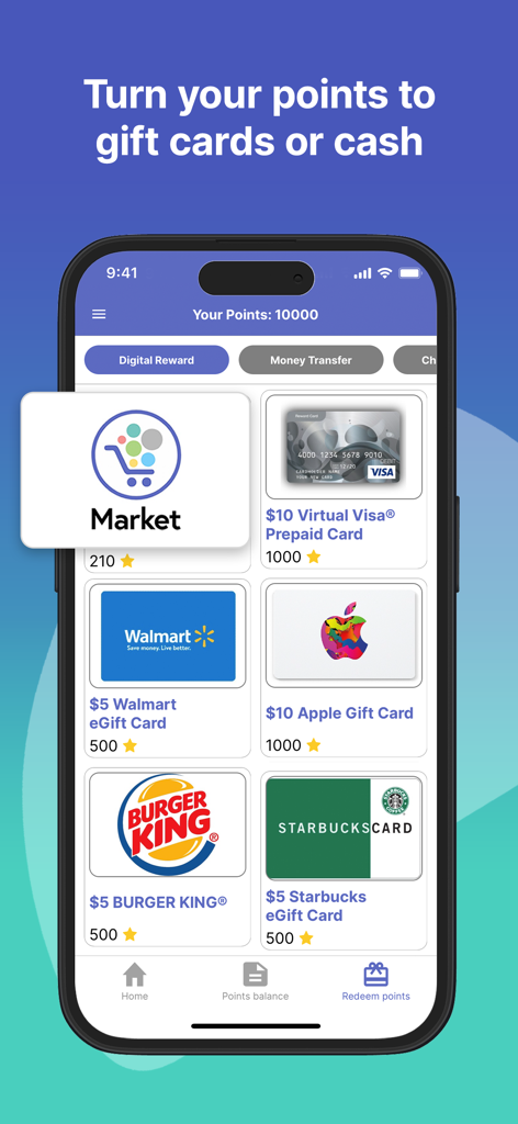 Interface do aplicativo Ipsos iSay mostrando opções de resgate de pontos para vales-presente da Walmart, Apple e Starbucks