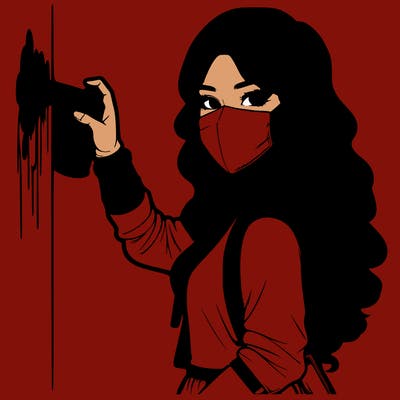 realistic girl with mask spray painting a wall