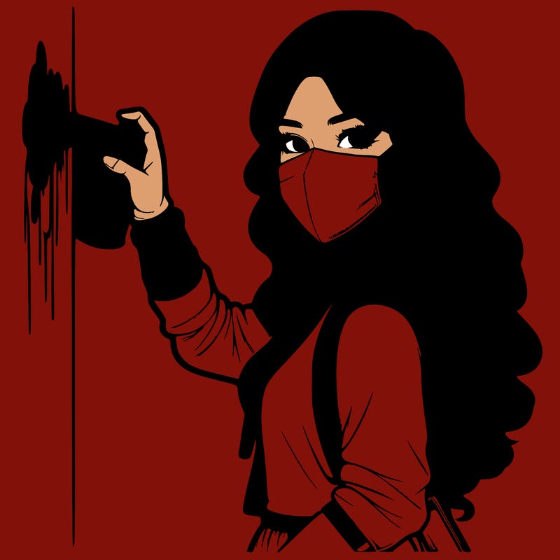 realistic girl with mask spray painting a wall