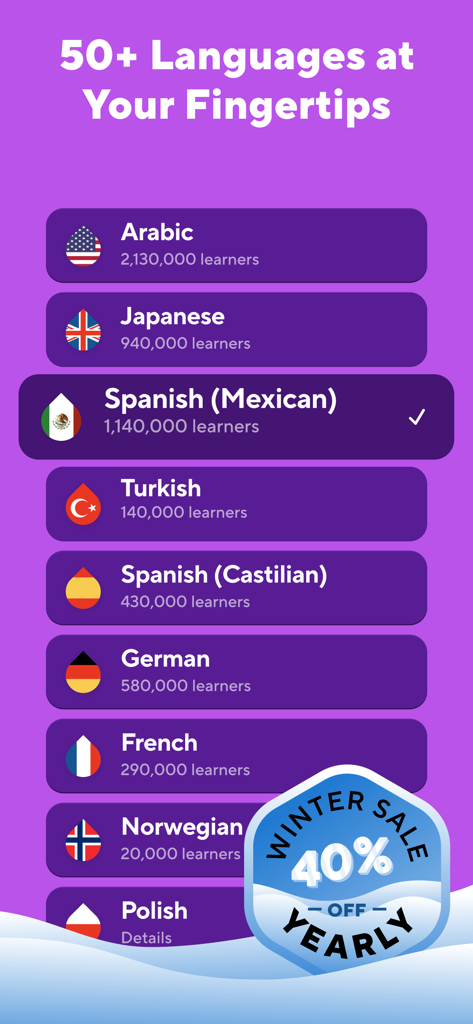 Language Learning Games: Drops - Liste der verfügbaren Sprachen in der Drops-App mit einem Rabattzeichen für den Winterverkauf