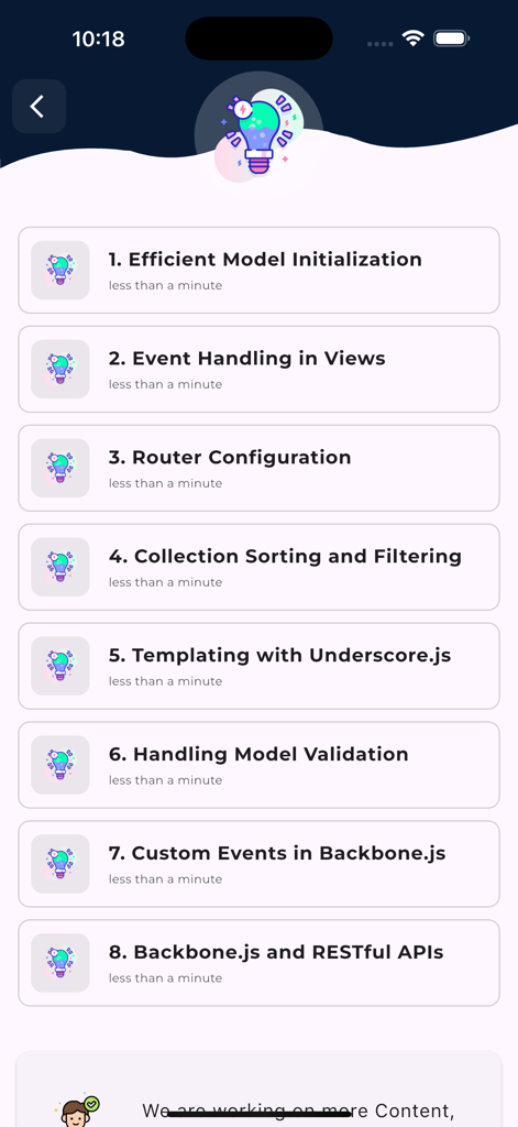 Learn Backbone.js Framework - A list of learning modules in the Learn Backbone.js Framework app featuring topics like Model Initialization and Router Configuration