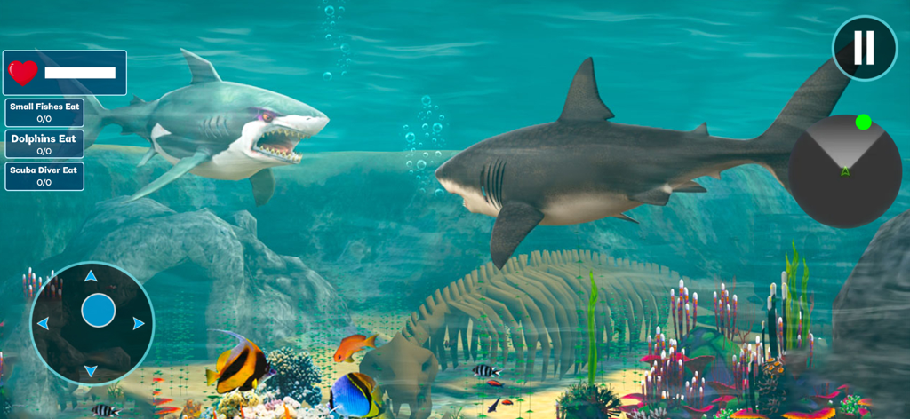 Angry Shark Hunt: Shark Games - Gameplay screenshot of Angry Shark Hunt showing sharks swimming in an underwater environment with mission objectives