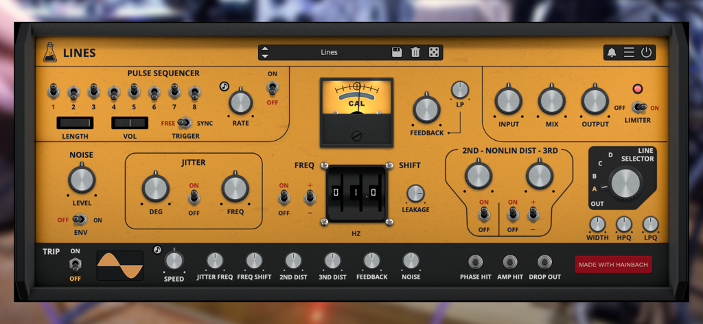 Lines - Feedback Multieffect - Lines Feedback Multieffect 앱의 사용자 인터페이스 (iOS용), 사운드 디자인 및 합성 컨트롤 표시