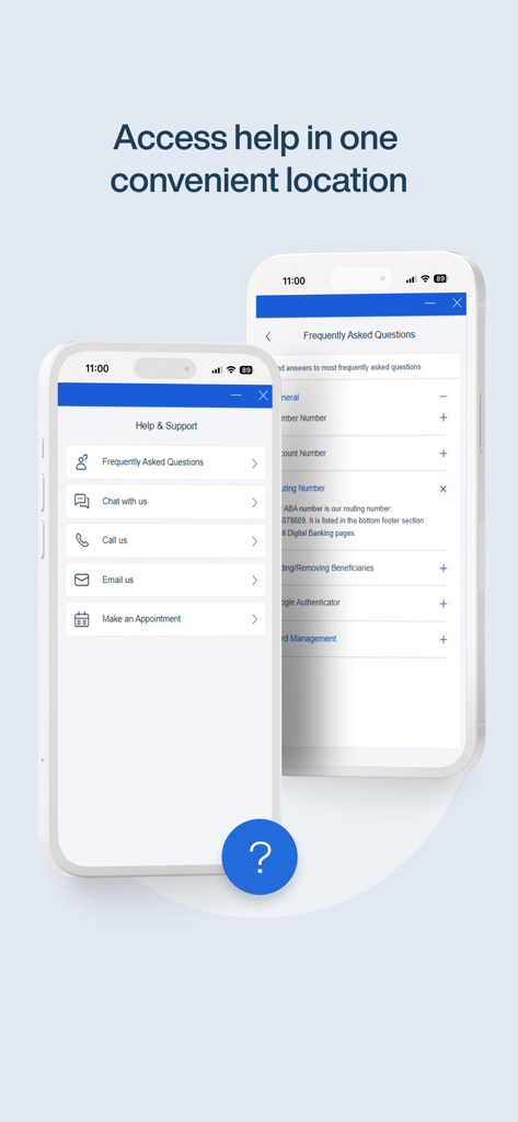 Help and support interface of the UNFCU Digital Banking app showing customer service contact options and FAQ section