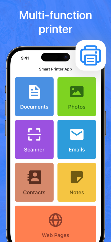 Interface principal do Smart Printer App em um iPhone mostrando opções para imprimir documentos, fotos e e-mails