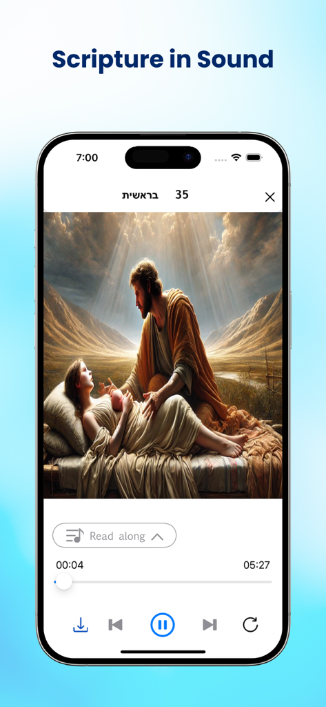 Hebrew Bible Offline app interface showing the audio player with biblical illustration and playback controls.
