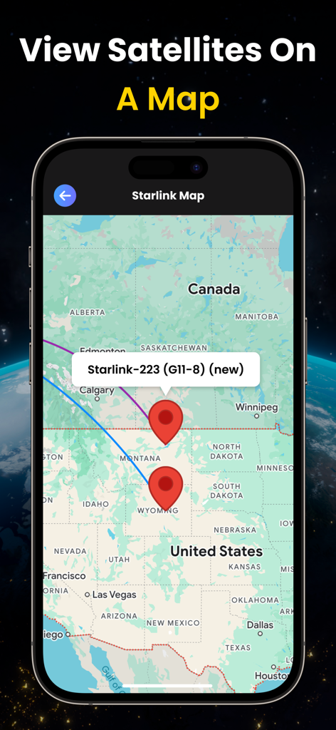 Interface do aplicativo móvel exibindo um mapa de satélites Starlink com pinos de localização em tempo real e trajetórias orbitais sobre os Estados Unidos