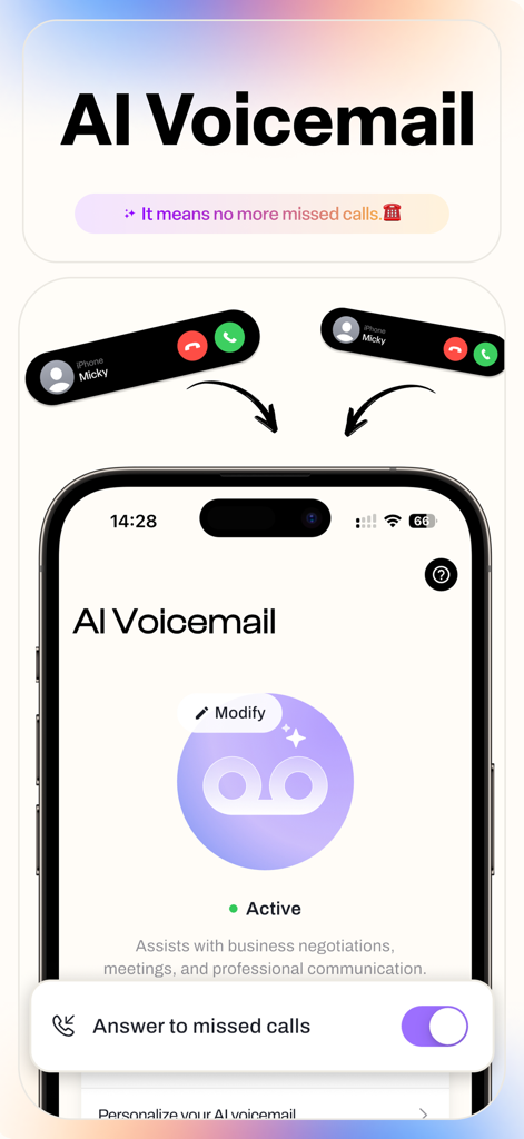 Dropcall: AI Voicemail & Phone - Dropcall app interface on an iPhone showing the active AI Voicemail feature for managing missed calls.