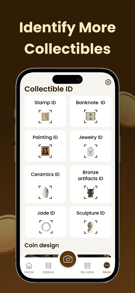 CoinSense: Coin Identifier - Interface do aplicativo CoinSense mostrando opções de identificação para selos, notas, joias e outros antiguidades