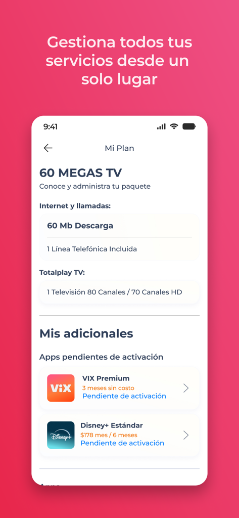Totalplay - Totalplay mobile app interface displaying a subscriber plan with internet speed, TV channels, and streaming service add-ons.