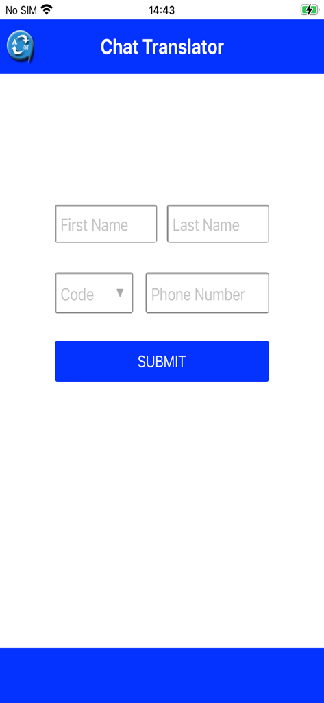 Schermata di registrazione per l'app Chat Translator con campi di inserimento per nome, cognome, prefisso internazionale e numero di telefono con un pulsante di invio blu.