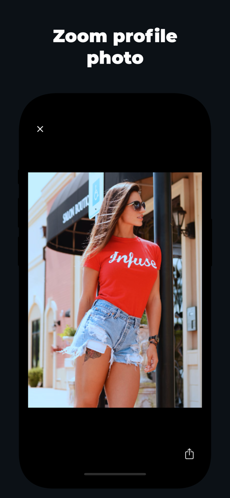 Gramly - Una pantalla que muestra la función de zoom de foto de perfil dentro de la aplicación de redes sociales Gramly.