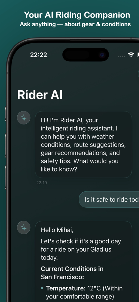 Rider Weather - AI Companion - Rider AI chat interface showing personalized motorcycle weather and safety advice