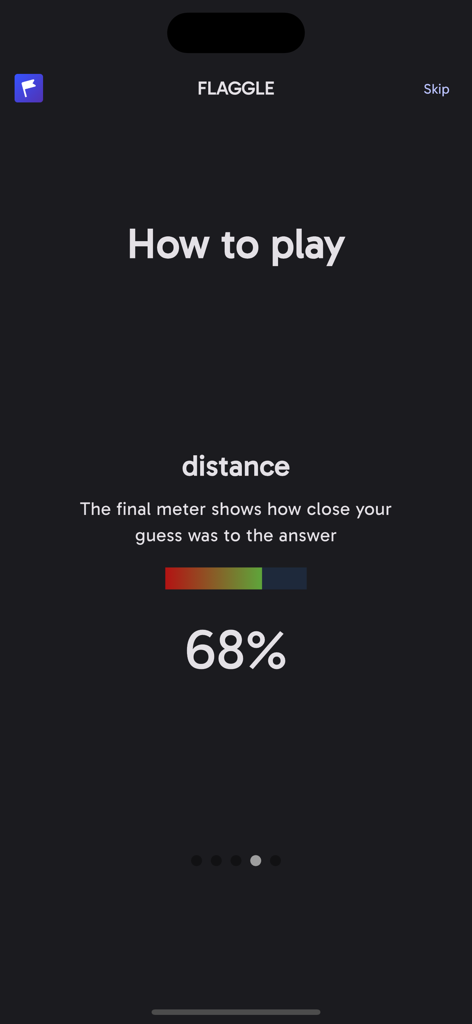 How to play screen in Flaggle app showing a distance meter for flag guesses
