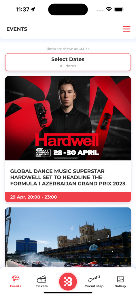 Baku City Circuit - Tela de eventos do aplicativo Baku City Circuit mostrando a programação de shows e corridas