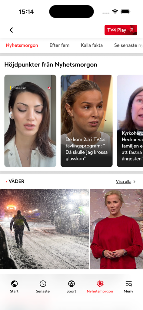 TV4 Nyheterna - Interfaccia dell'app mobile TV4 Nyheterna con highlights video di notizie e una sezione meteo.