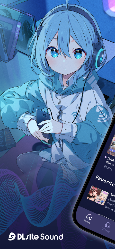 Garota de anime com cabelo azul e fones de ouvido ouvindo áudio na interface do aplicativo DLsite Sound