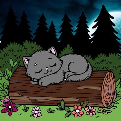 kitten sleeping om a log in a magical forest