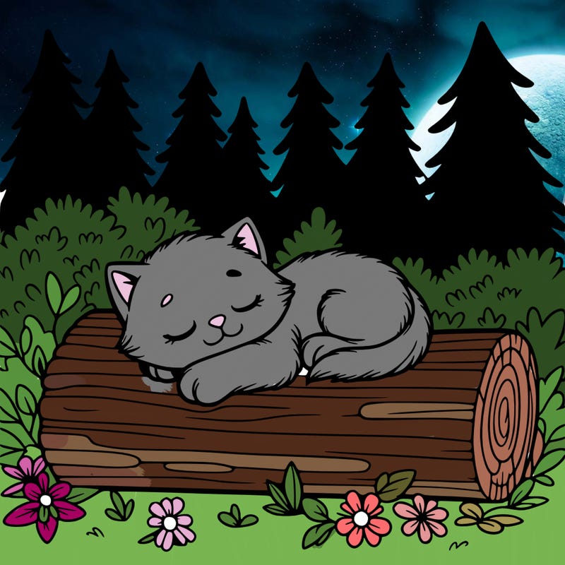 kitten sleeping om a log in a magical forest