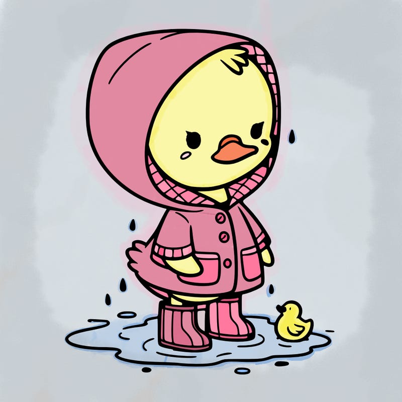 baby duck in a rain coat and boots, in a puddle while it’s raining