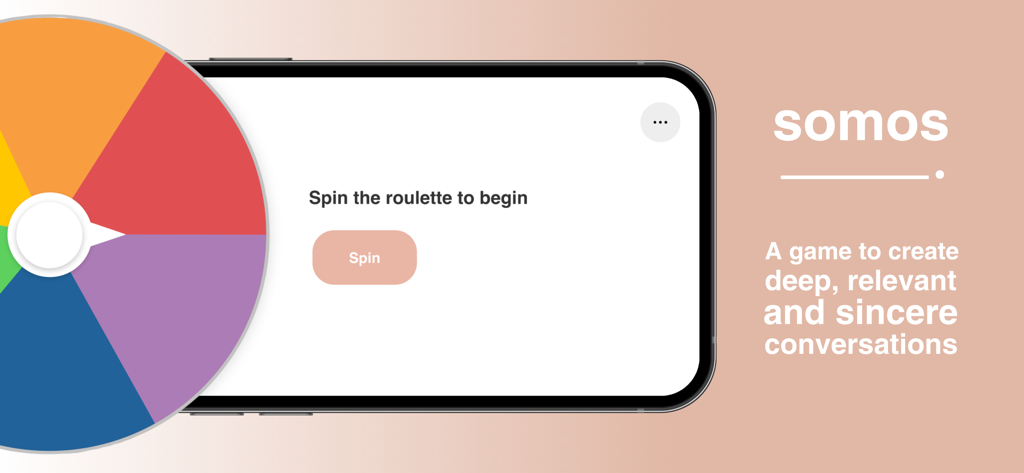 Somos - Juego de cartas - 意味のある会話を始めるためのカラフルなルーレットホイールを備えたSomosアプリインターフェース。