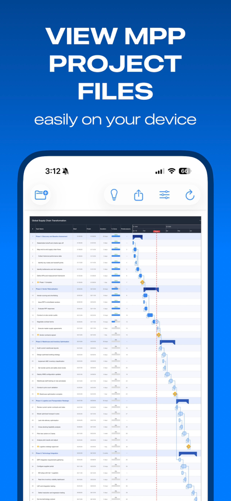 MPP Viewer - A smartphone displaying a detailed project Gantt chart in the MPP Viewer app