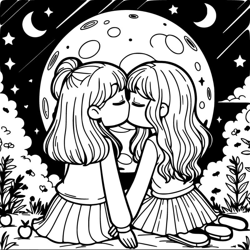 two girls kissing under the moonlight